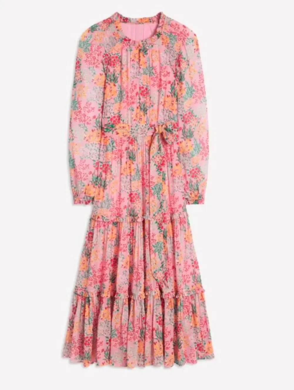 Boden Pink Floral Tiered Midi Dress Long Sleeve Viscose Belted Maxi Size 6R 6